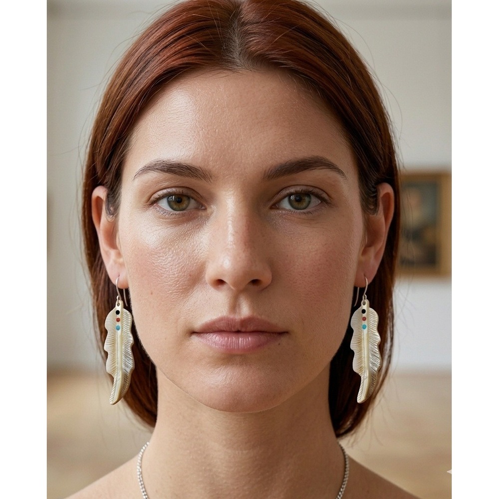 Zuni‎ Hand Carved Mother of Pearl Shell Feather Dangle Earrings Jewelry**